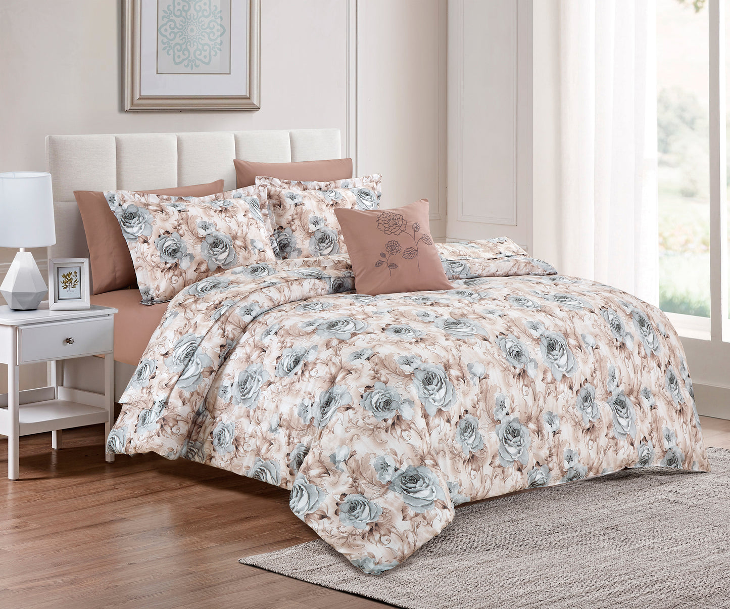 Bed in Bag Style Collection Linen, Printed Comforter with Sheet Set 8 Pcs- King Comforter Set A1COMKG09
