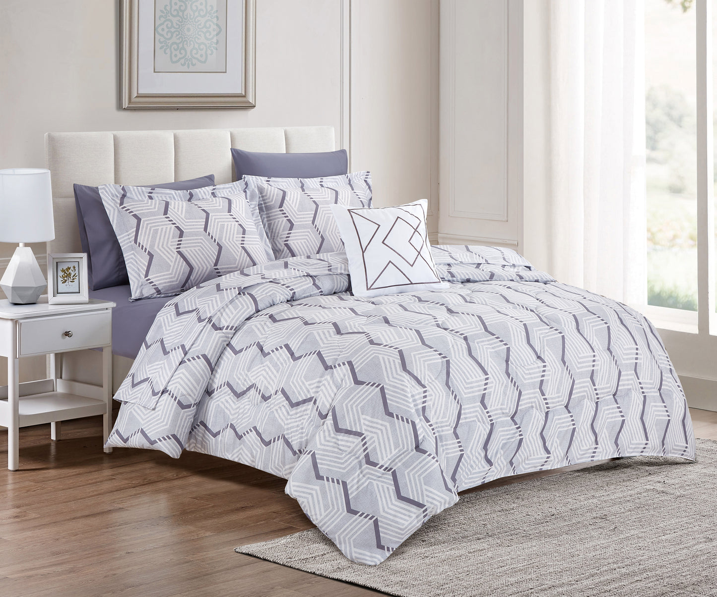 Bed in Bag Style Collection Linen, Printed Comforter with Sheet Set 8 Pcs- King Comforter Set A1COMKG02