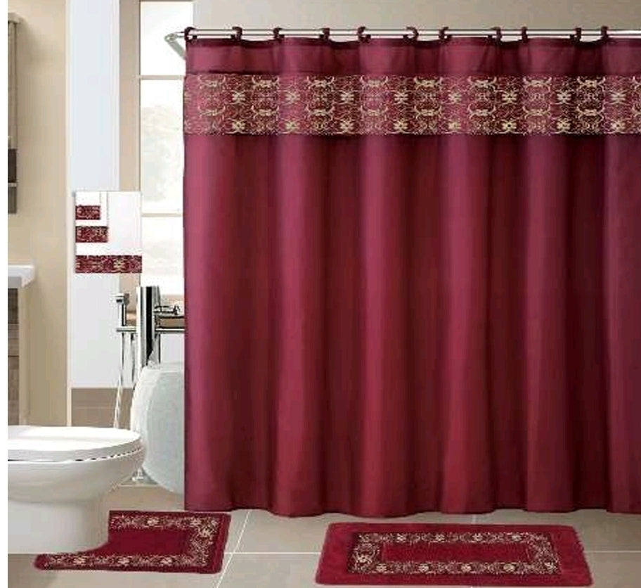 Washroom Shower Curtain with matching Mats and Towel - 6pcs set with 12pcs fabric hooks A1RD