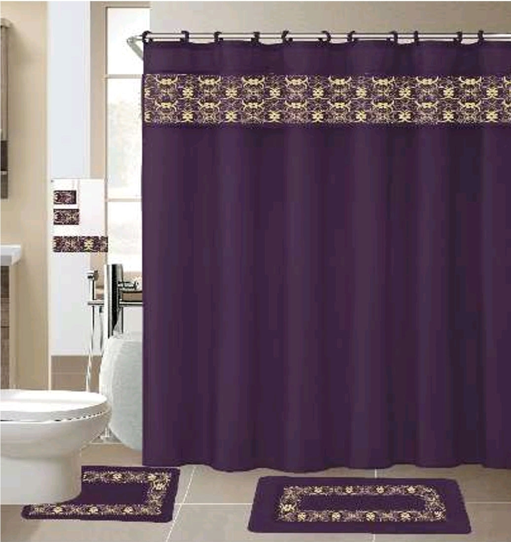 Washroom Shower Curtain with matching Mats and Towel - 6pcs set with 12pcs fabric hooks A1PR
