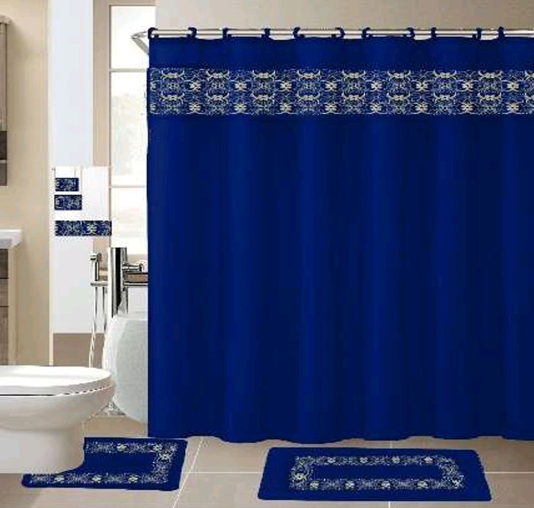 Washroom Shower Curtain with matching Mats and Towel - 6pcs set with 12pcs fabric hooks A1BL