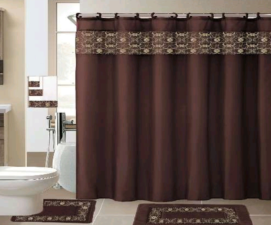 Washroom Shower Curtain with matching Mats and Towel - 6pcs set with 12pcs fabric hooks A1BR