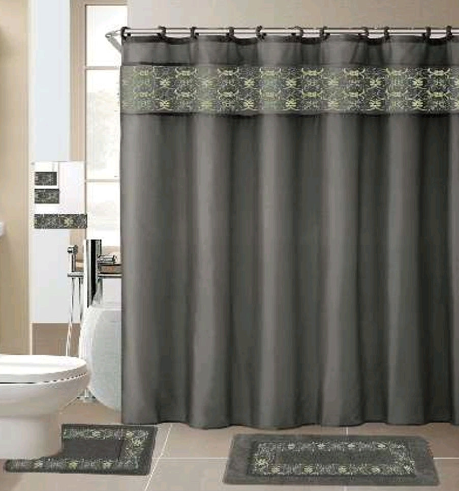Washroom Shower Curtain with matching Mats and Towel - 6pcs set with 12pcs fabric hooks A1GY