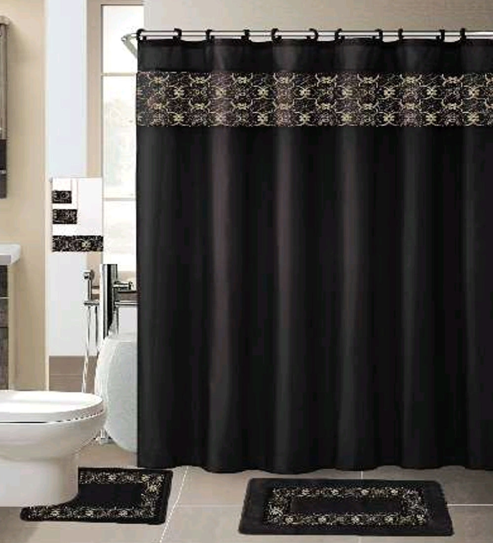 Washroom Shower Curtain with matching Mats and Towel - 6pcs set with 12pcs fabric hooks A1BK